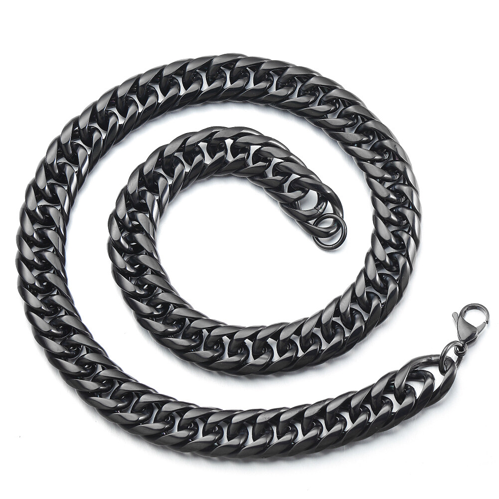11mm/13mm Women Men’s Black Stainless Steel Cuban Link Chain Necklace 16-40inch