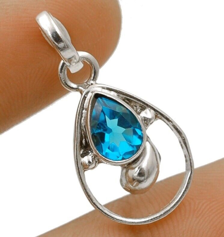 Natural Blue Topaz 925 Sterling Silver Pendant Jewelry 1 1/5″ Long @B9-3