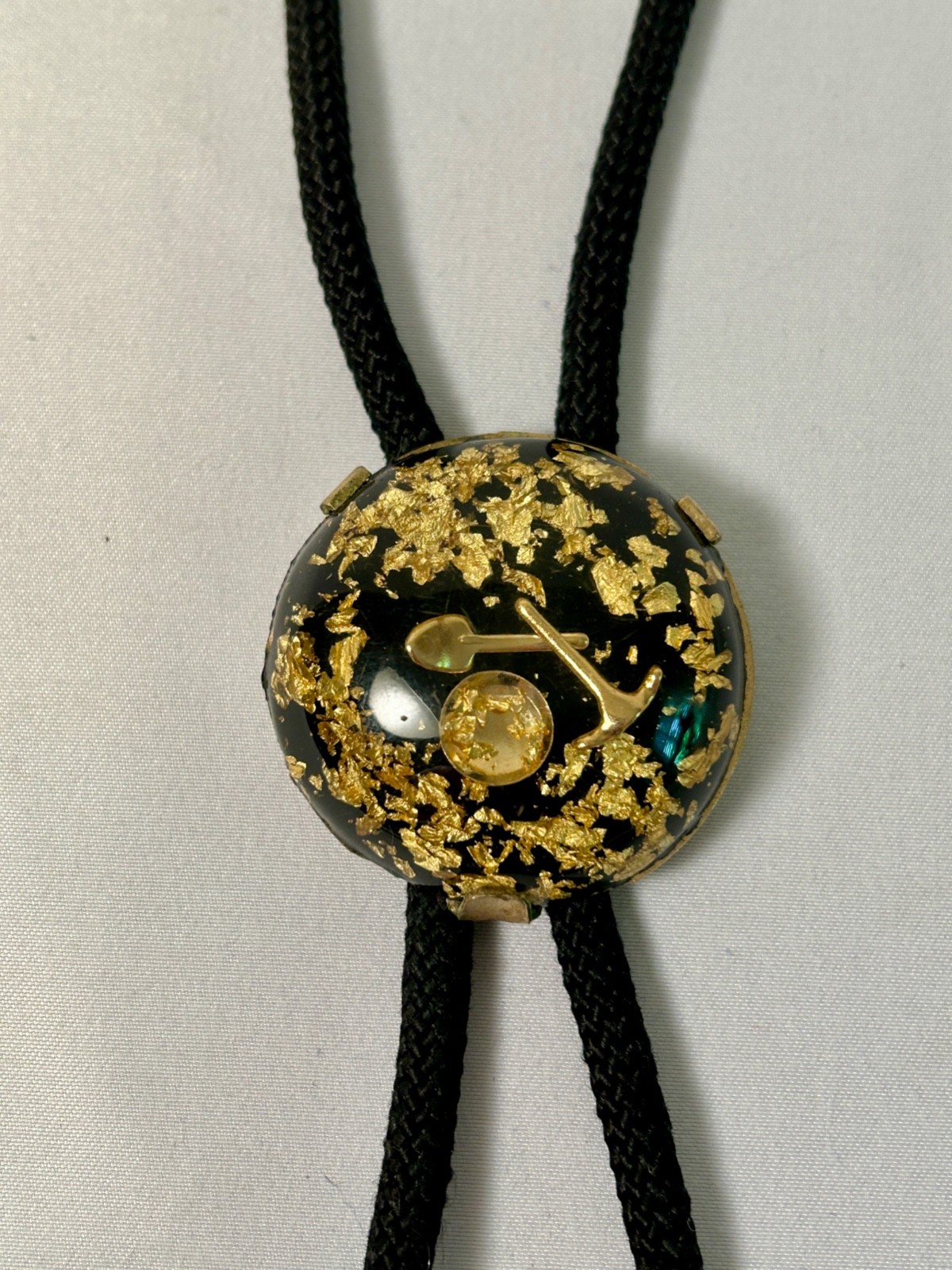 Rare Vintage Bolo Tie, Lucite Encased Gold Flakes Prospecting Tools, Black cord