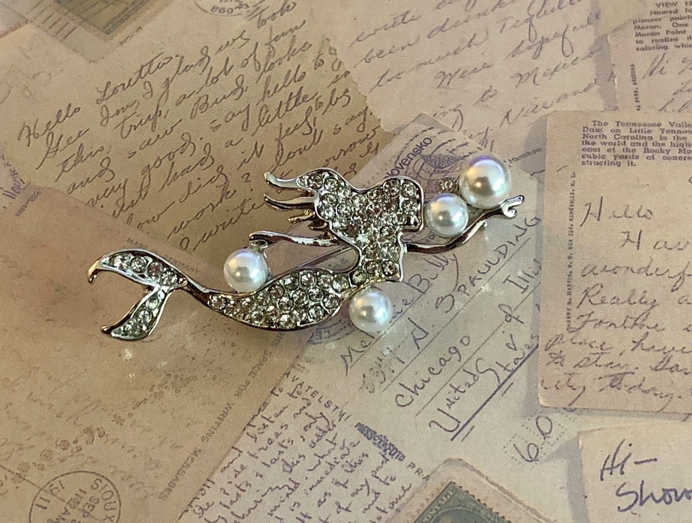 Rhinestone Mermaid Brooch Faux Pearl Nautical Accent Mythical Sea Siren Pin