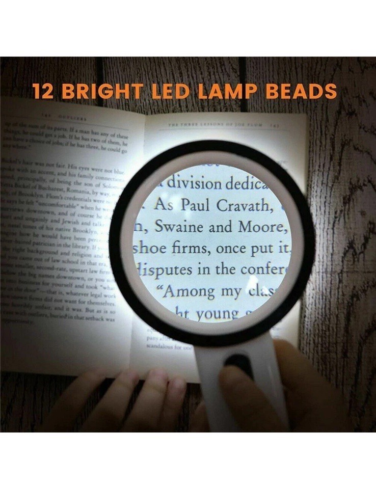 30X Jumbo Handheld Magnifying Glass w/ 12 Bright LED Light Illuminated Magnifier