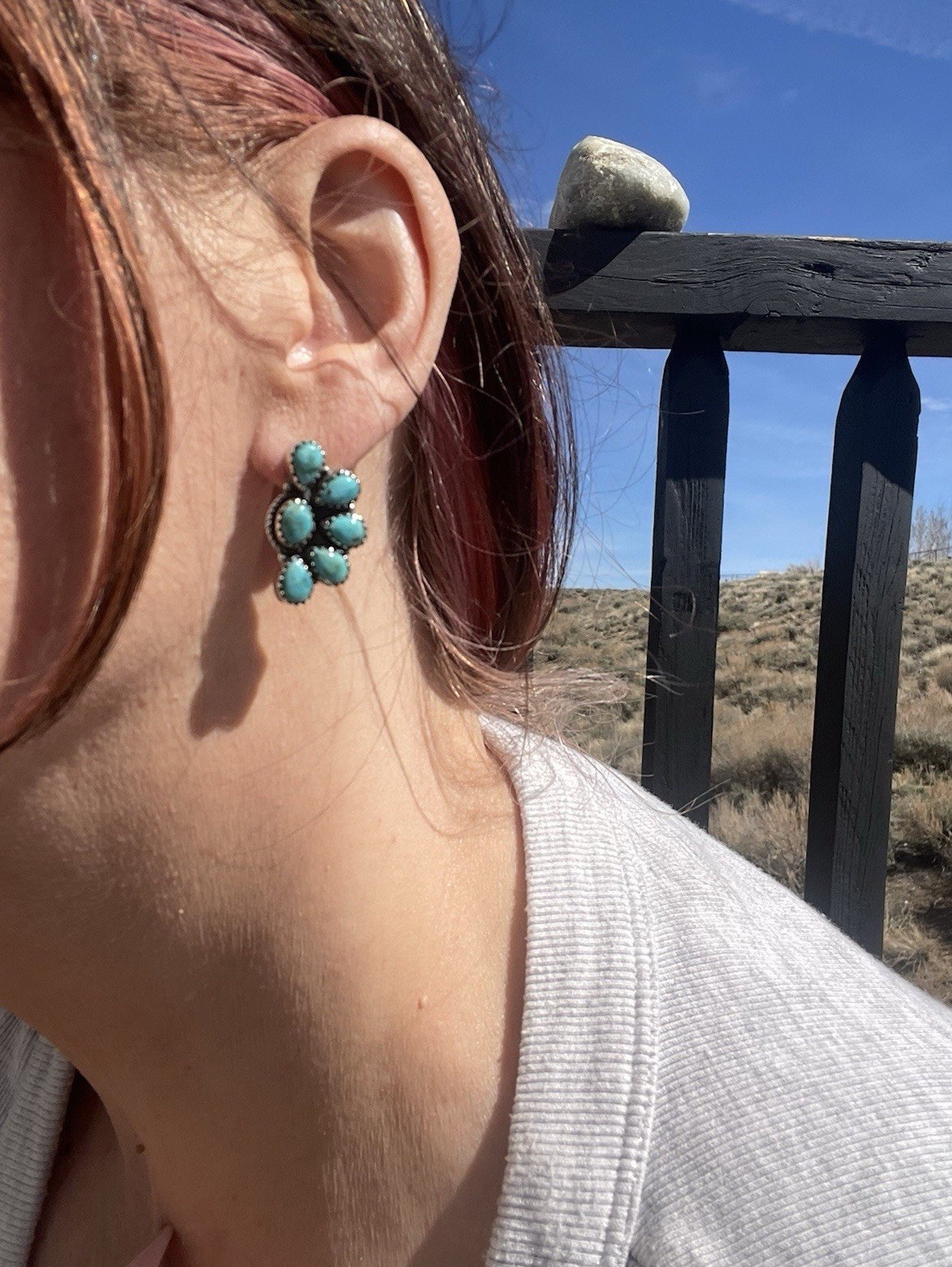 Native American Style Sterling Silver Turquoise Half Cluster Earrings Southwest
