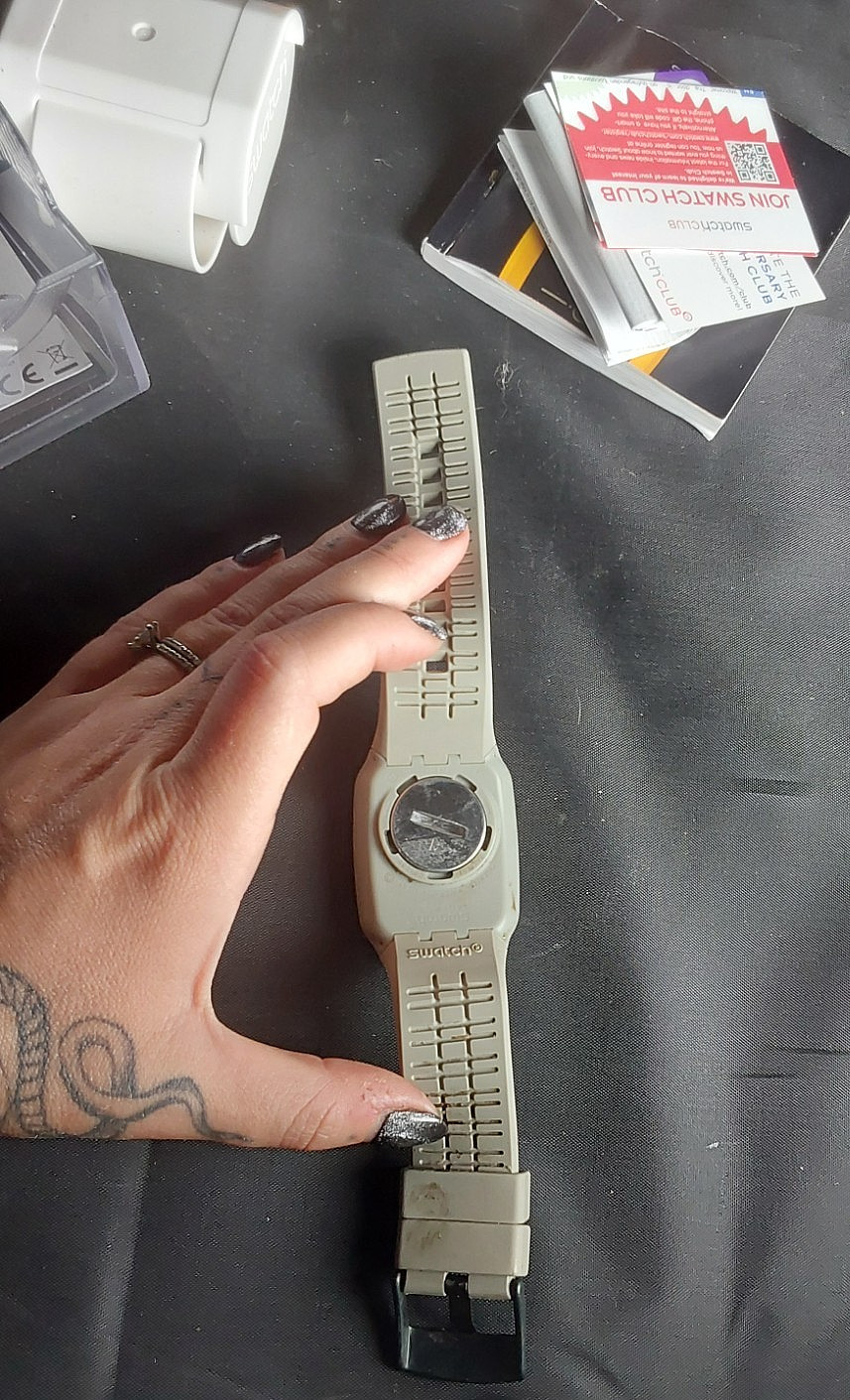 Swatch Touch Digital Watch w/Original & Papers Box-Tan/Grey Strap-UNTESTED!!!!