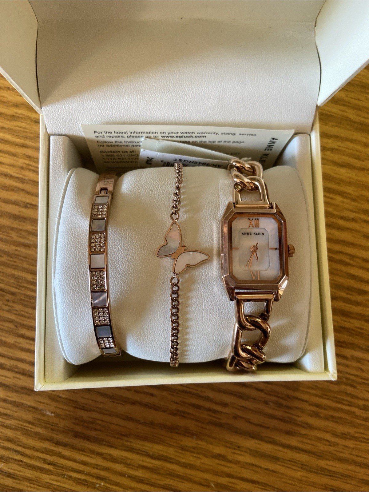 Anne Klein Women’s Watch & Bracelet Set Rose Gold Mother Of Pearl Butterfly NEW