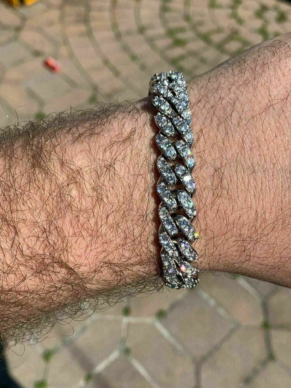 925 Silver Mens Miami Cuban Bracelet Real Iced Moissanite Passes Tester HEAVY