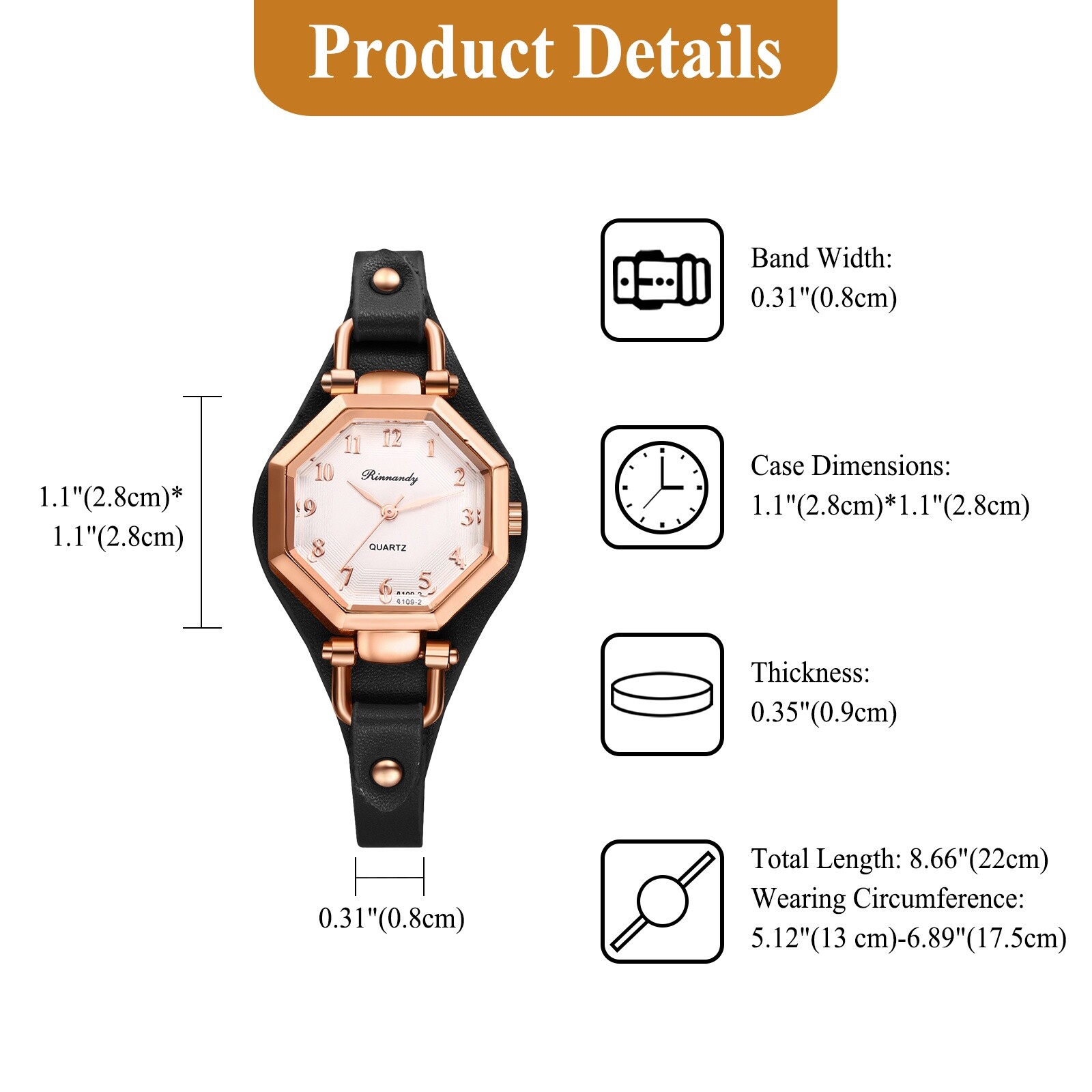 Women Retro Octagon Dial Design Quartz Slim Leather Band Ladies Dress WristWatch