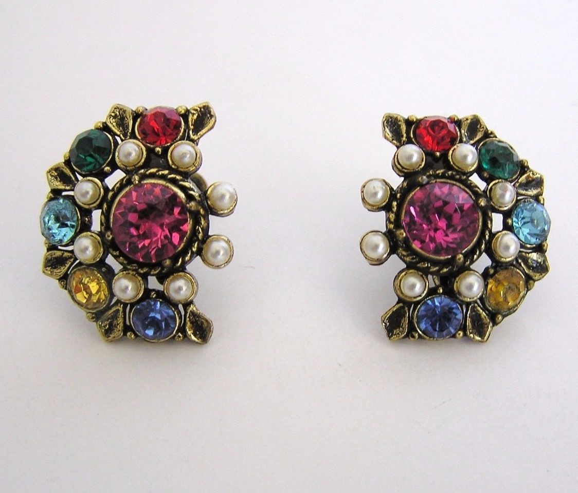 VTG CORO Multi Color Rhinestone & Faux Seed Pearl Screwback Earrings Jewel India
