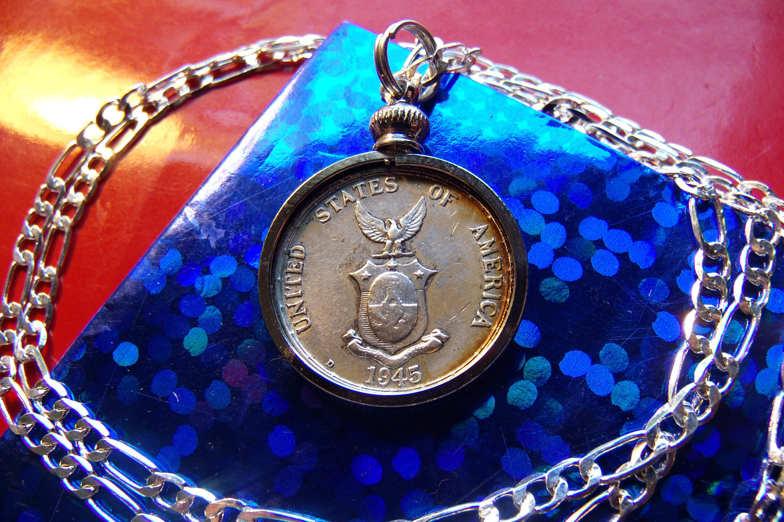 1945 Philippines Silver Perched Eagle USA Coin Pendant on a 22″ 925 Silver Chain