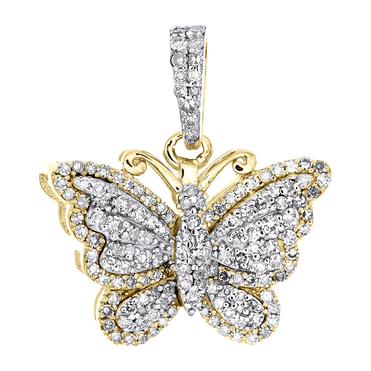 10K Yellow Gold Round Diamond Double Frame Butterfly Pendant 0.70″ Charm 3/8 CT.