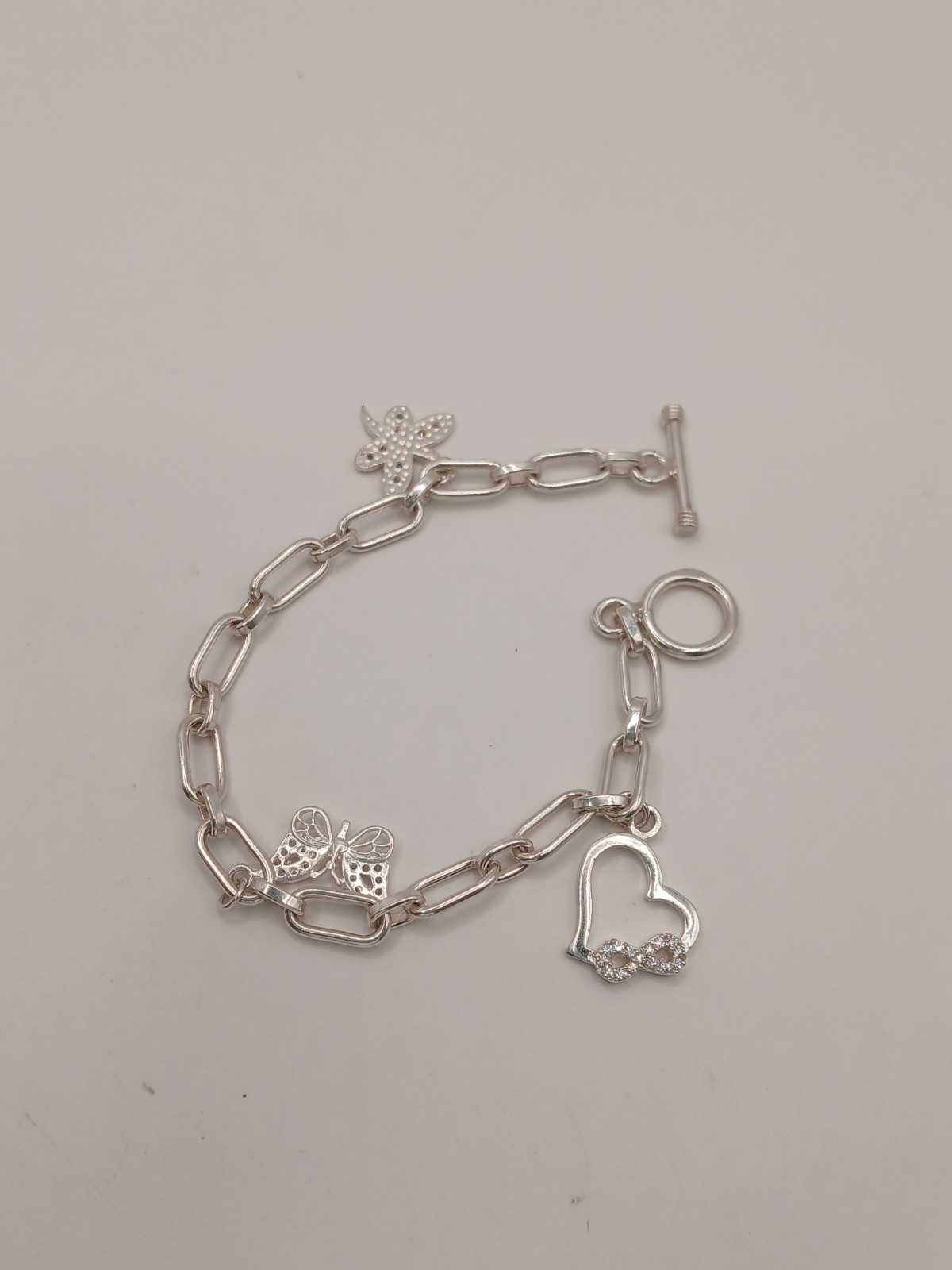 Sterling Silver 925 Link Chain Charm Bracelet Dangle Toggle 7.6-8 in