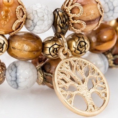 Tree of Life Stretch Bracelet 4-Set Earth Tone Wood & Stone Nature Spiritual