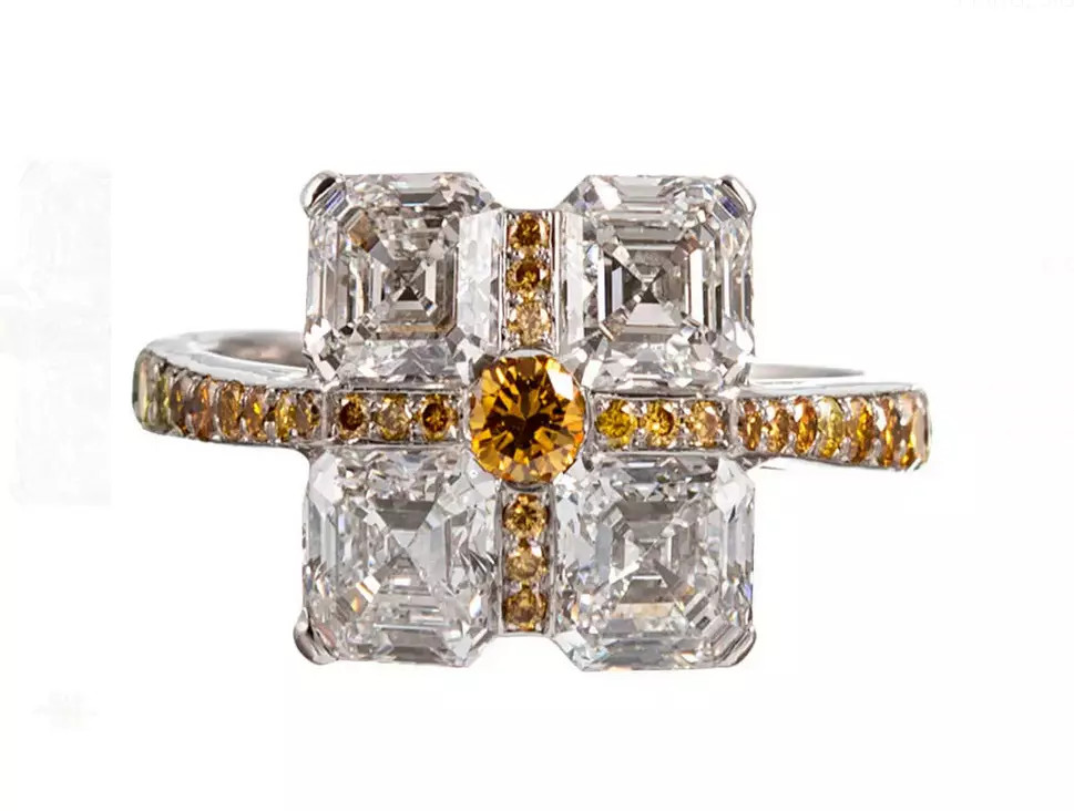 Unique and Creative Square Shape White CZ & Yellow Citrine Modern Square Ring