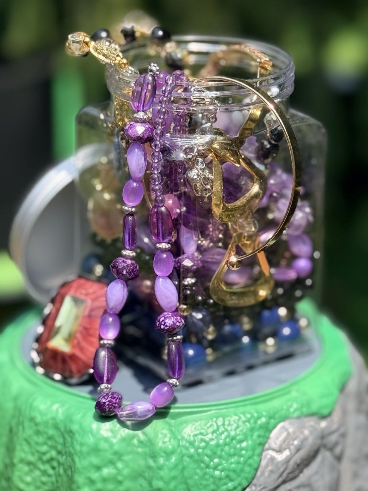 Mixed Jewelry Lot in Jar Multicolor Bracelets Necklaces Rings Brooches
