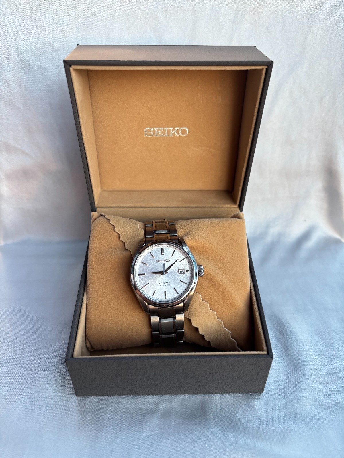 Seiko Presage SARX055 Silver White Mechanical Men’s Watch Titanium Full Kit