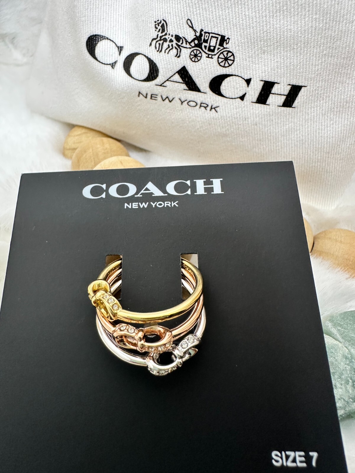 Coach Interlocking C Pavé Ring Set Size 7 Tri Tone Gold Silver Rose Gold