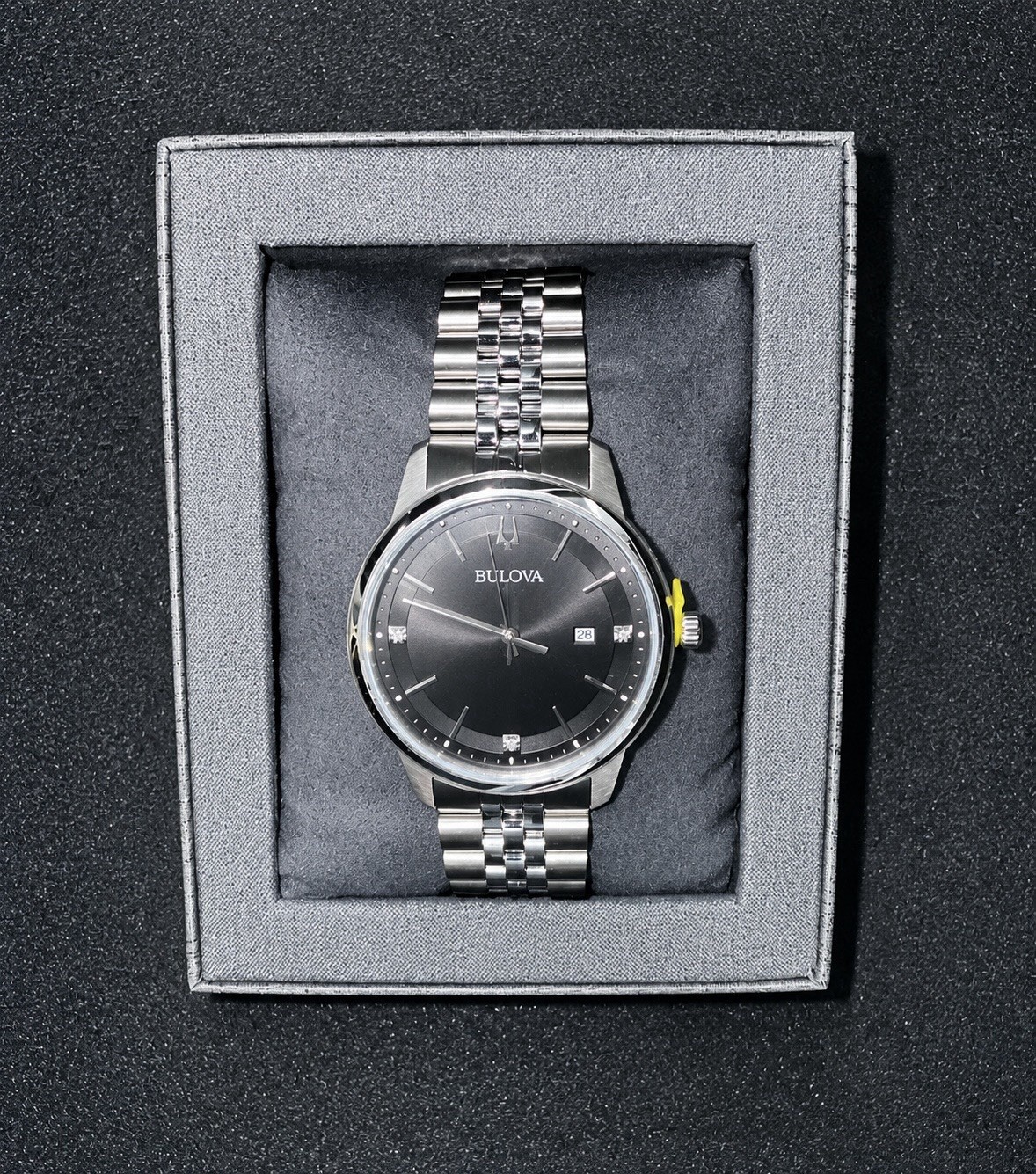 Bulova Surveyor Men’s Quartz Watch, Black Dial, Silver Steel Bracelet 39mm