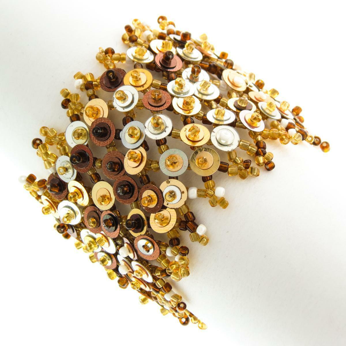 Handmade Bracelet GLASS BEADS Sequins BRASS BROWN GOLD Tone 7 inches Adjustable