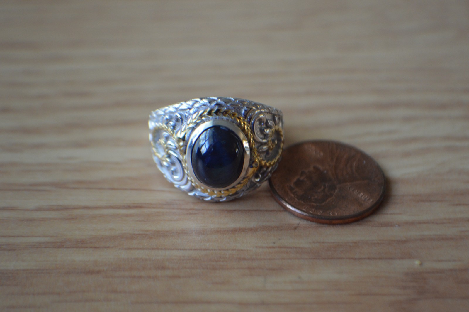 4.65ct Blue Star Sapphire Ring Rhodium & 18k YG Plated Over Fine Silver Size 7