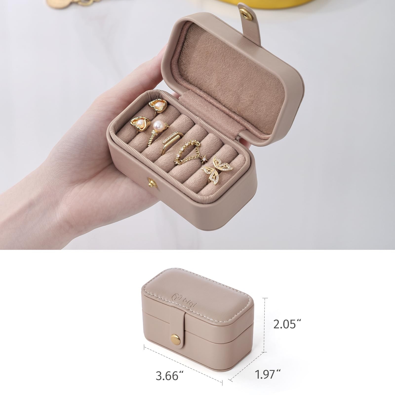 BIQI MUSSE Jewelry Ring Case for Travel, PU Leather Light Taupe