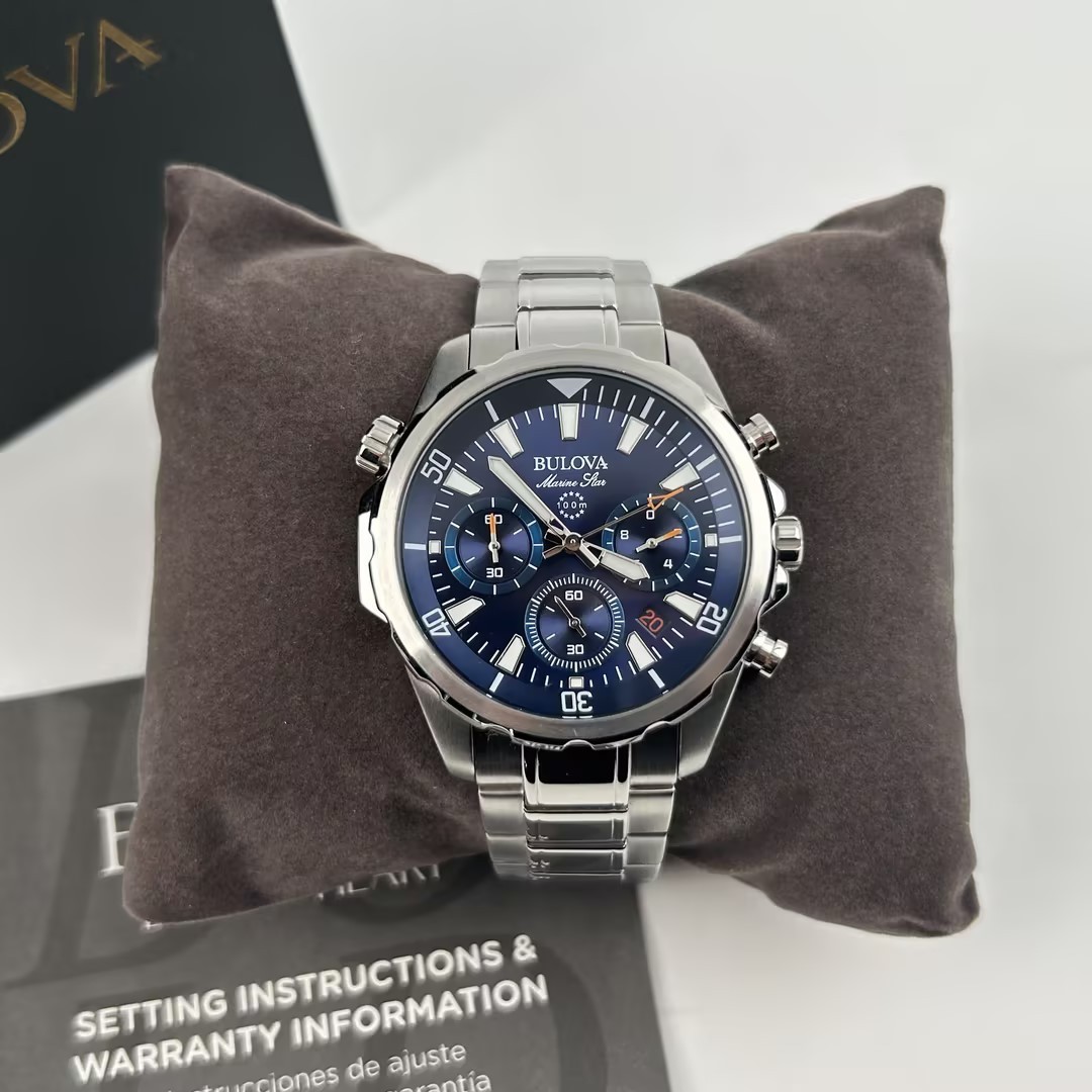 Bulova Men’s Marine Star 96B256 Blue Dial Chronograph Quartz Watch New 43mm