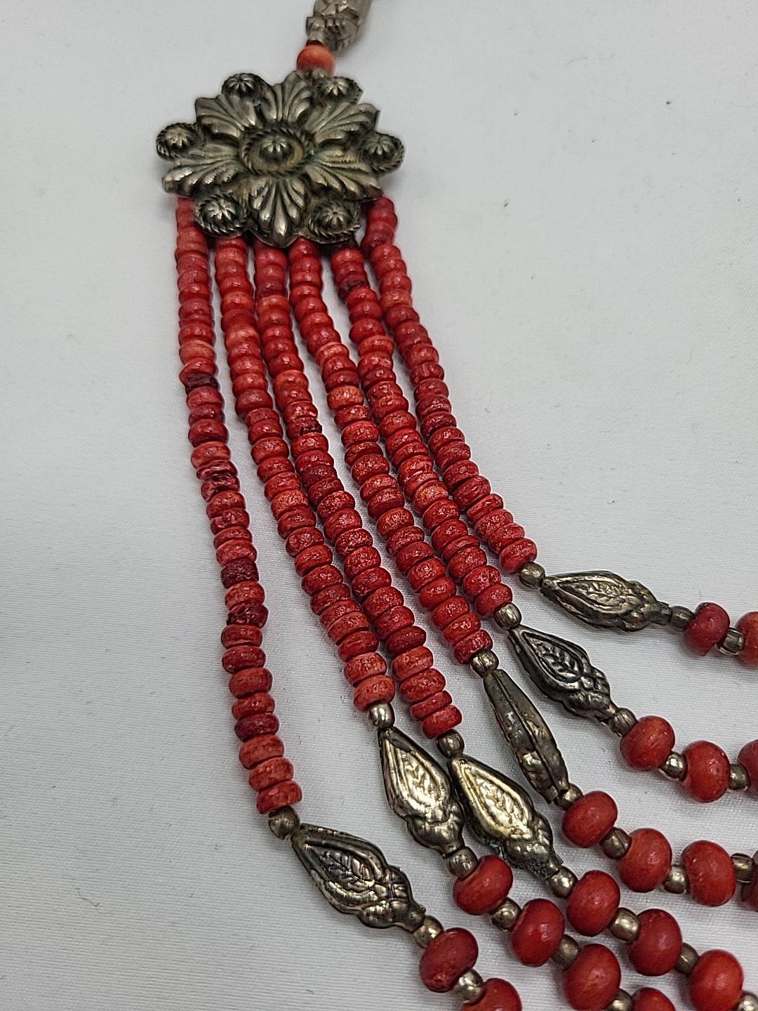 South American Multi-Strand Wooden Bead Necklace With Metal Floral Accents 27″