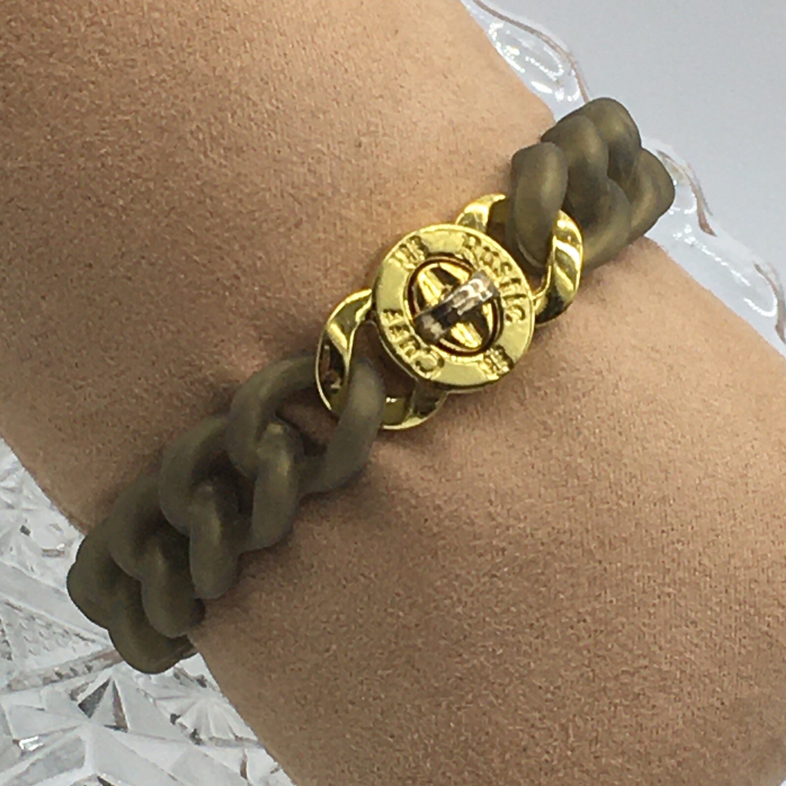 Rustic Cuff Gold Tone Logo Madison Green Silicone Stretch Toggle Bracelet