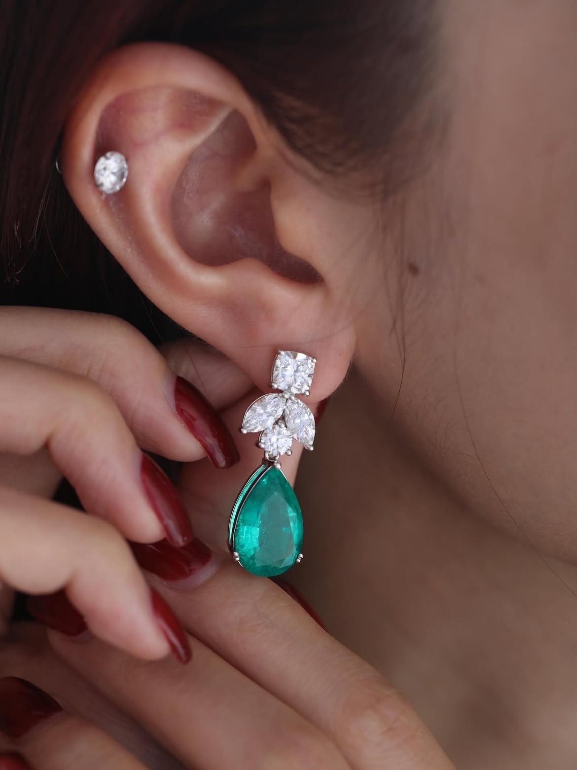 Premium 6.50 Ct Pear Cut Natural Emerald Diamond Stud Earrings 14K White Gold