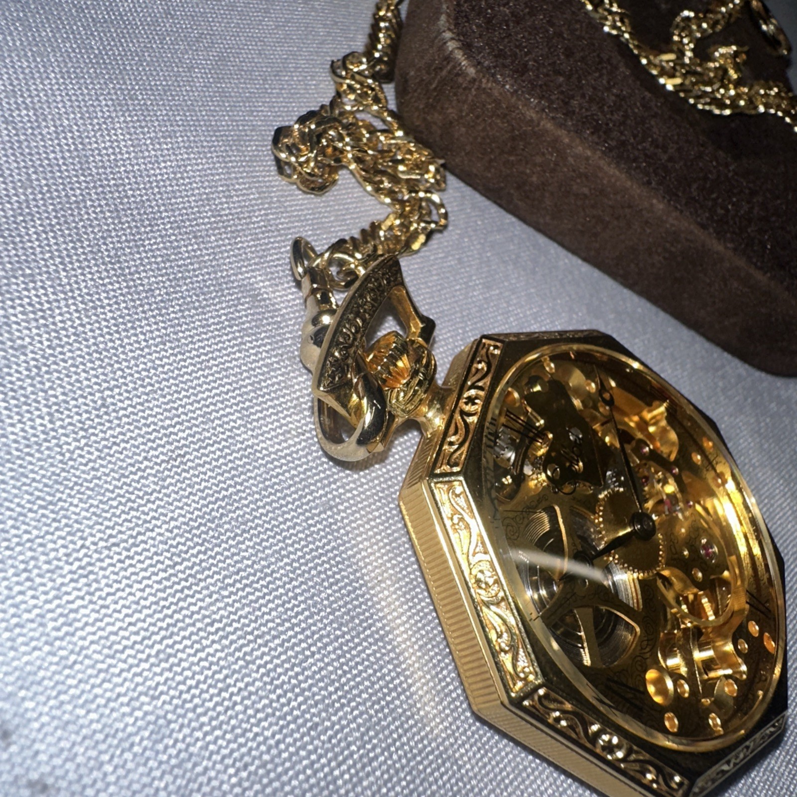 Vintage Colibri 17 Jewels Incabloc Swiss Skeletonized Pocket Watch Chain + Case