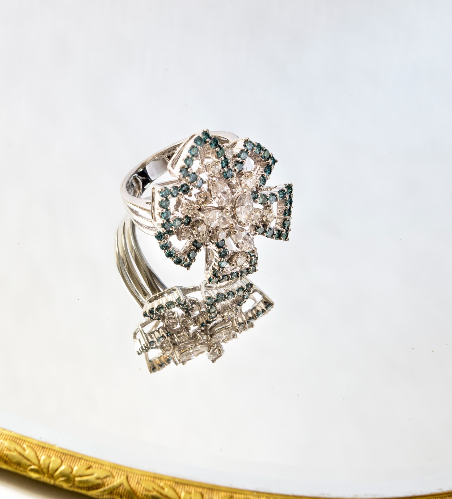 Blue & White Diamonds 18K White Gold Ladies Finger Ring – Size 7