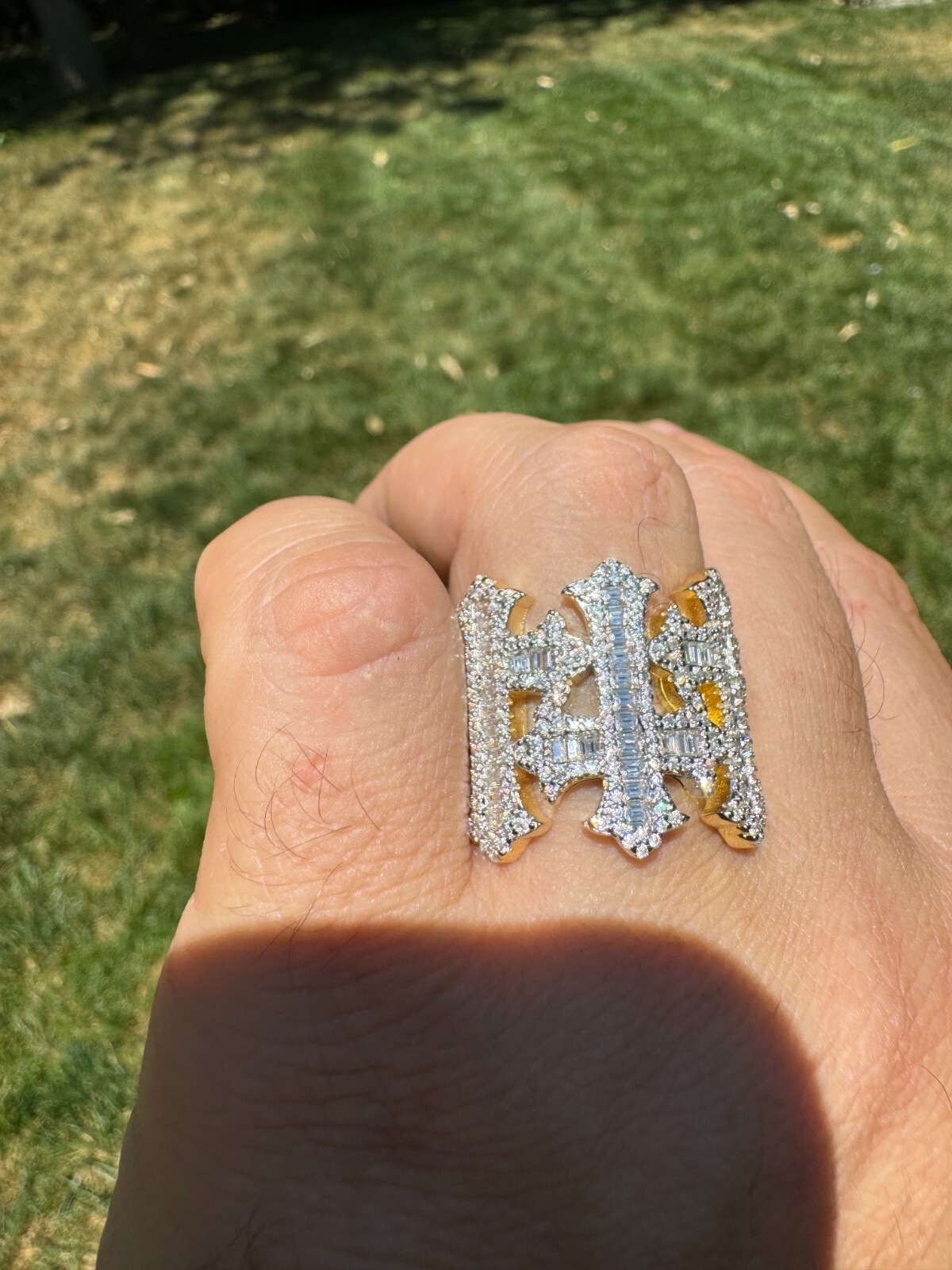 MOISSANITE Iced Real Baguette Gothic Three Cross Ring Solid 14K Gold 925 Silver
