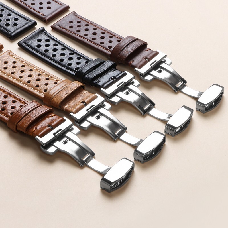 Premium Porous Breathable Leather Watch Band Strap Mens Butterfly Buckle 20 22mm