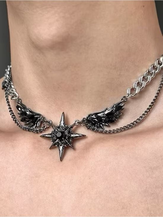 Unisex Black Stainless Steel Star & Wing Chain Necklace