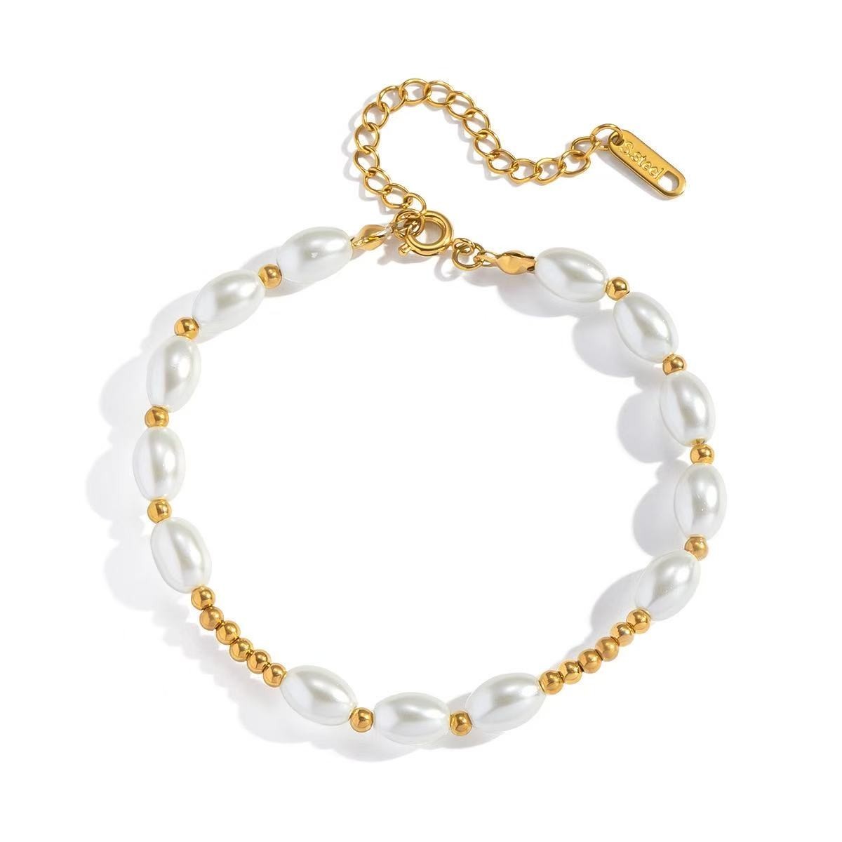 Woman 18K Gold Plated Simulated Pearl Beaded Bangle Bracelet Anti-tarnish 9.5in