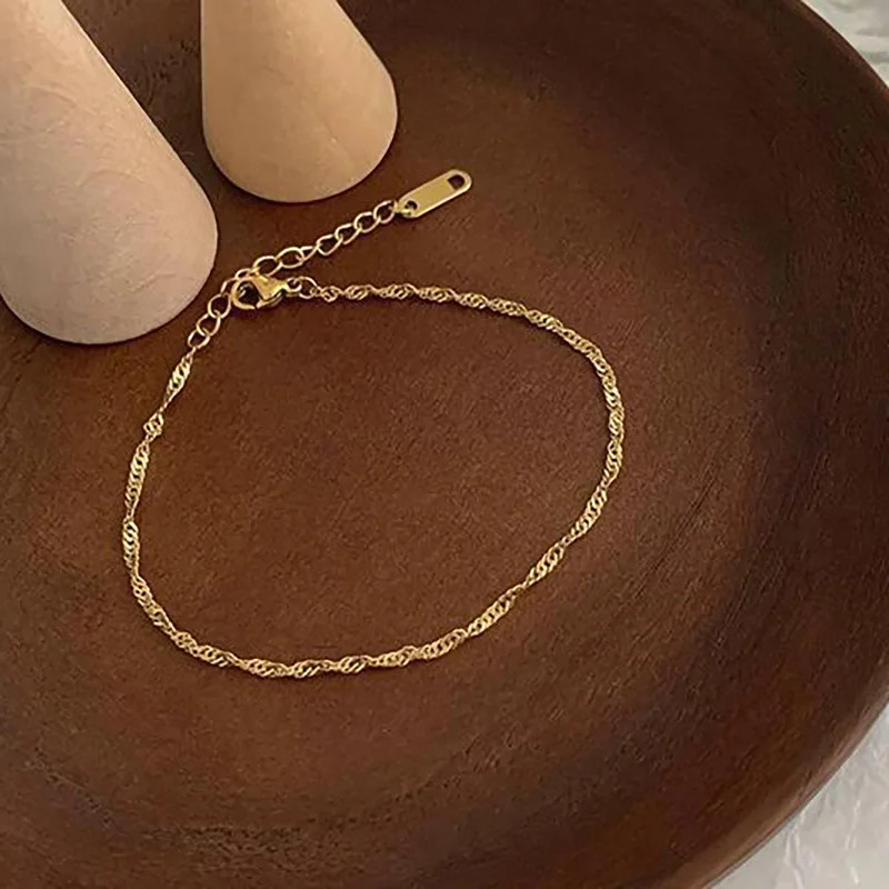 Gold Plated Bracelet Water Wave Stainless Steel Chain Polished Finish Jewelry
