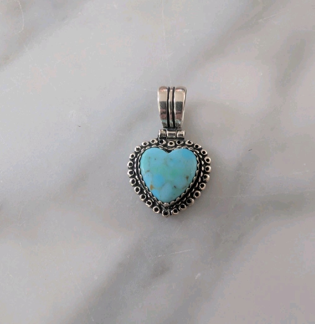 Sterling Silver Blue Turquoise Southwestern Heart Pendant QIC Stamped 925 VTG