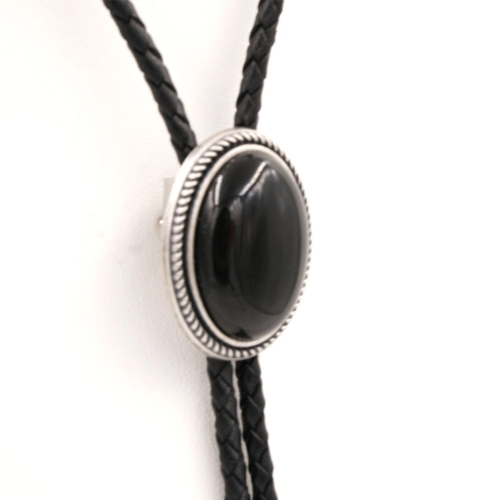 Hand Made Natural Black Stone Western Cowboy Leather Bolo Neck Tie Zinc alloy