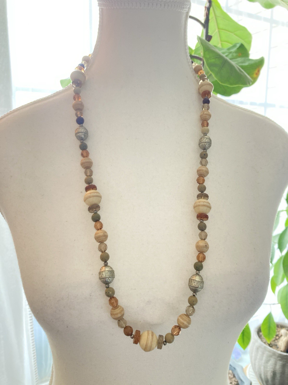 Long Beaded Necklace Wood Glass Silver Tone Neutral Earth Tone Boho Artisan