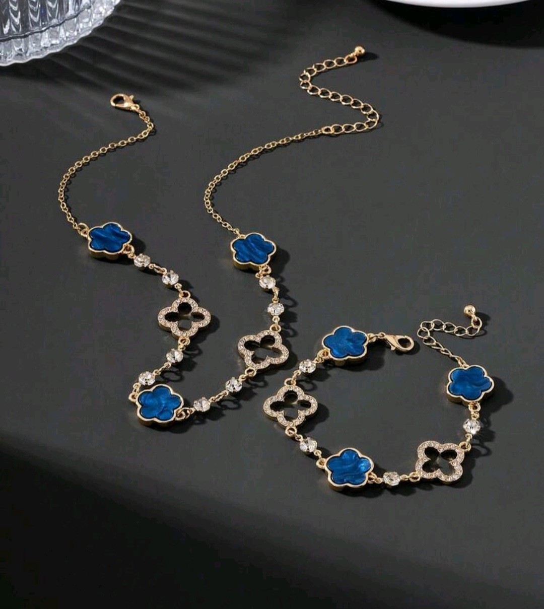 Gold Tone Blue Clover Necklace & Bracelet Jewelry Set, Zinc Alloy/Iron