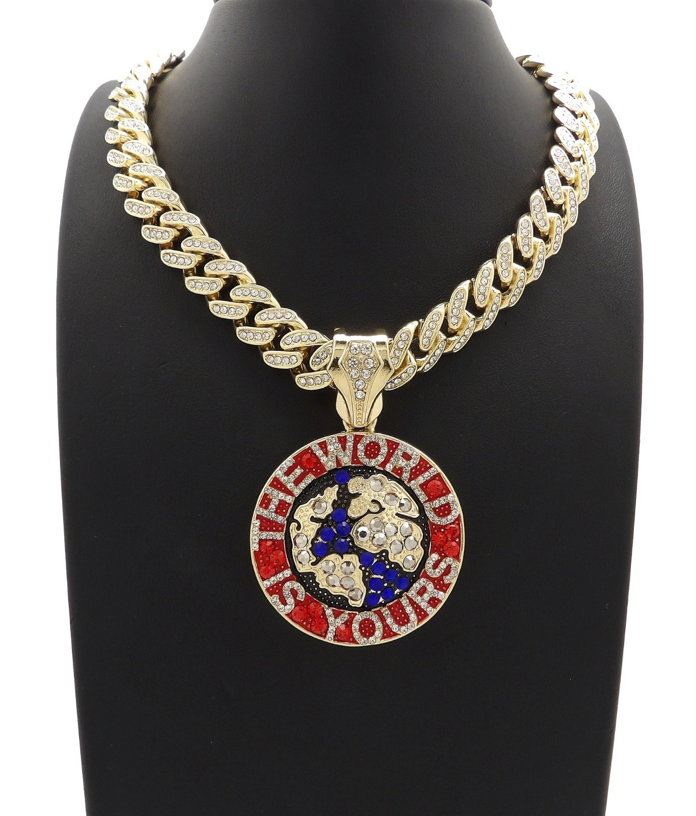 Hip Hop THE WORLD IS YOURS Pendant & 18″ Iced Box Lock Cuban Choker Bling Chain