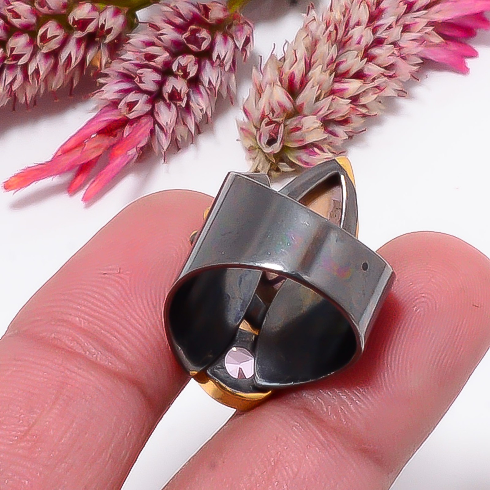 Pink Opal & Pink Kunzite Black And Gold Plated 925 Sterling Silver Ring s.7 Sk10