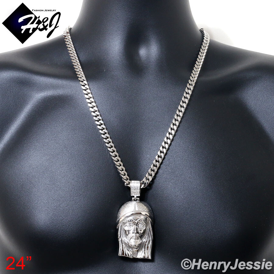 18″-40″MEN Stainless Steel 7mm Silver Miami Cuban Chain ICY CZ Jesus Pendant*143