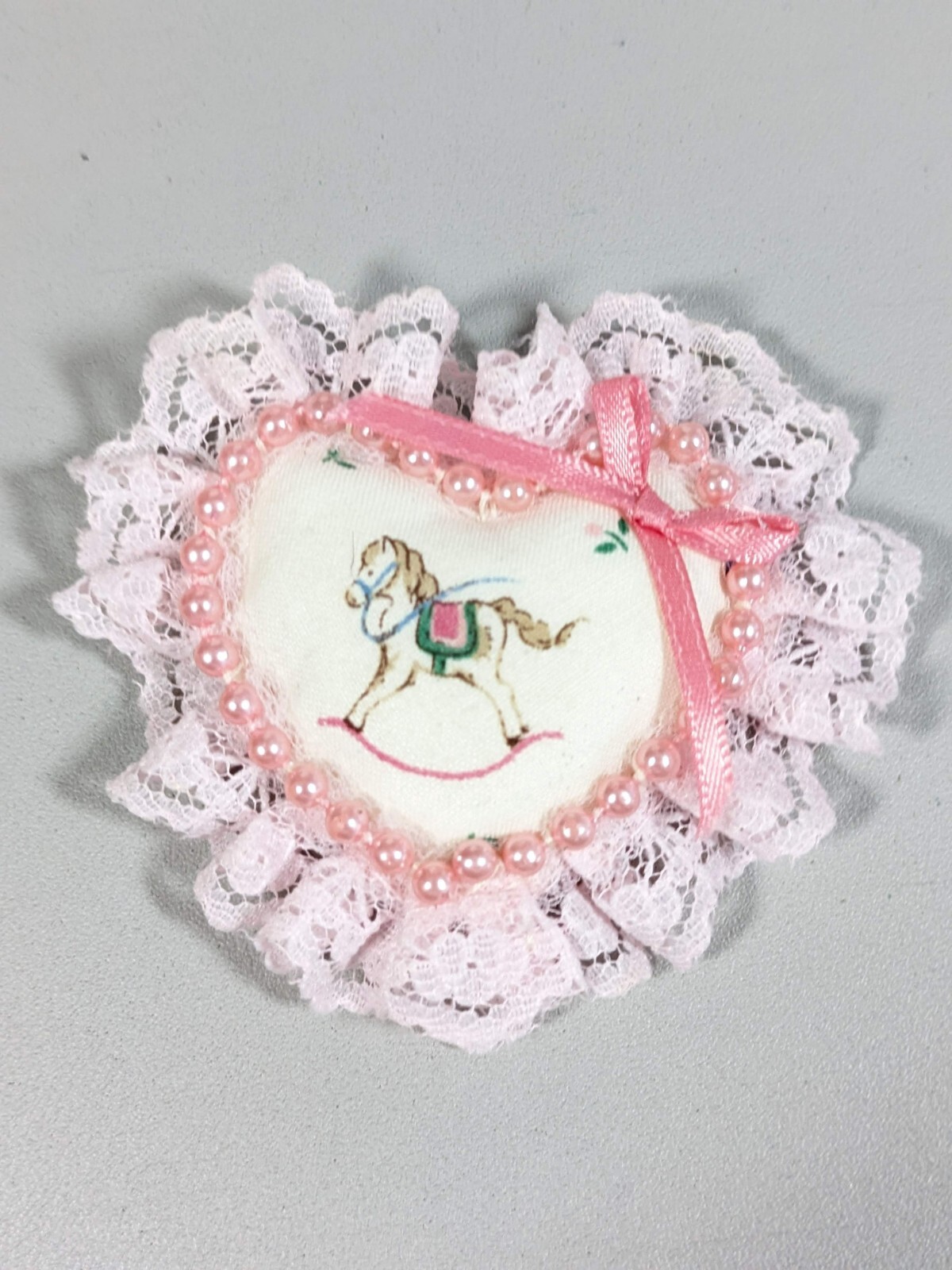 Vintage Pink Lace Faux Pearl Rocking Horse Puffy Fabric Pin