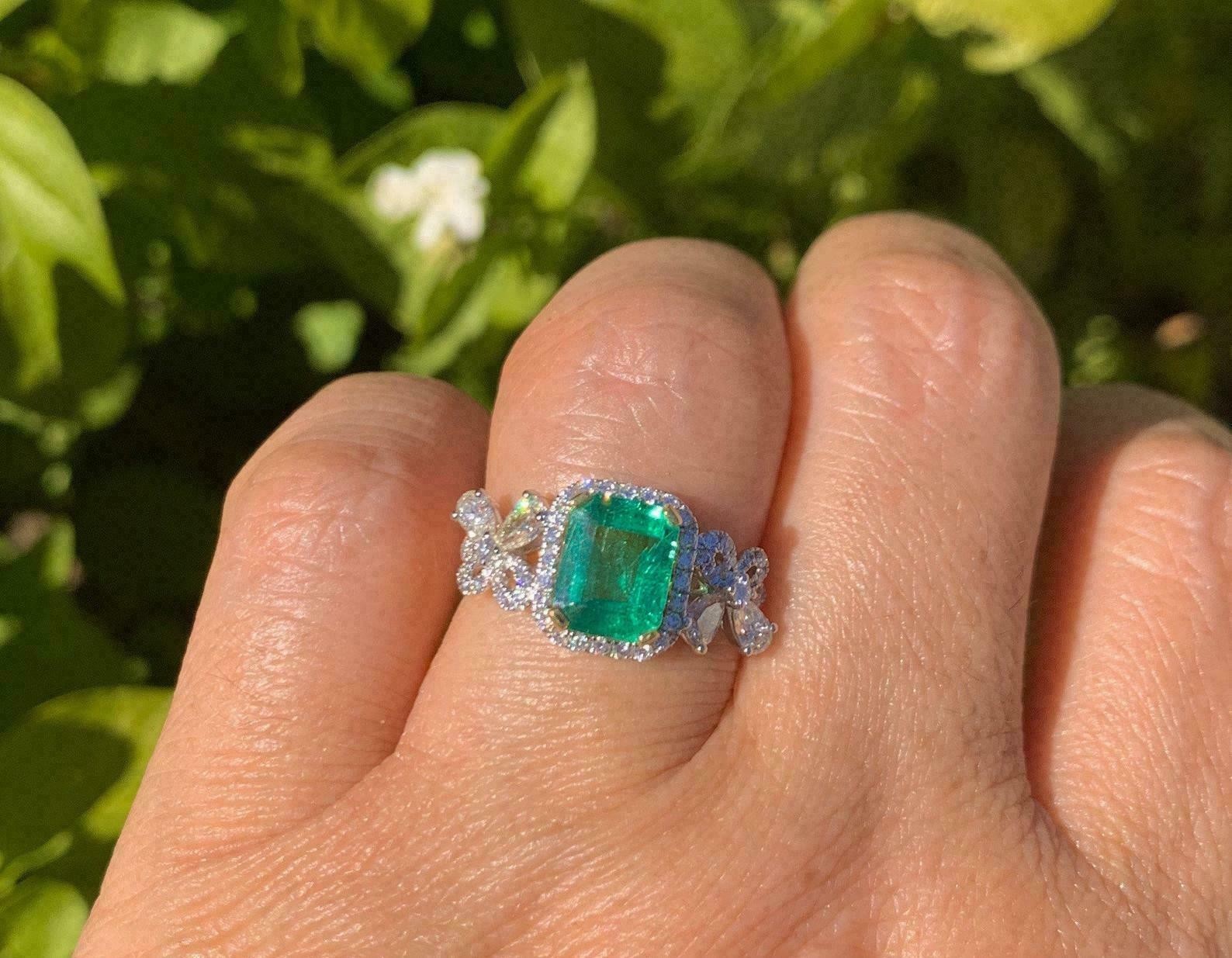 3.08 Ct Emerald Cut Natural Emerald Diamond Wedding Ring 14K White Gold Size 7