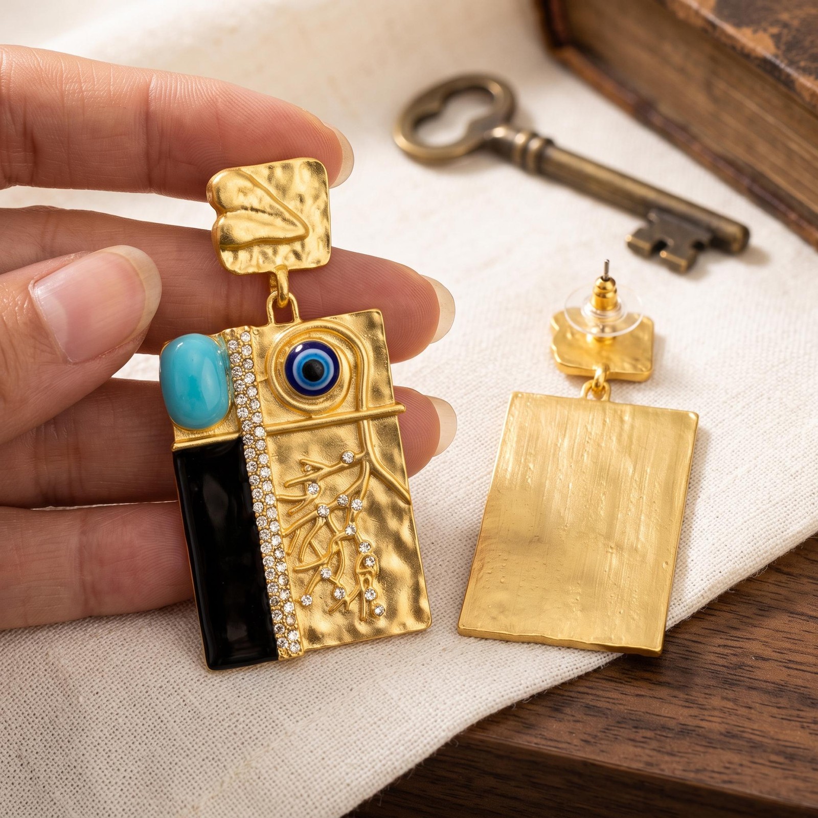Gold Evil Eye Earrings, Schiaparelli Figural Cameo, Surrealist Geometric Relief