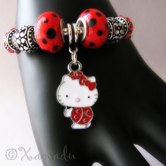 Red Hello Kitty Ladybug European Charm Bracelet With Black And Red Beads