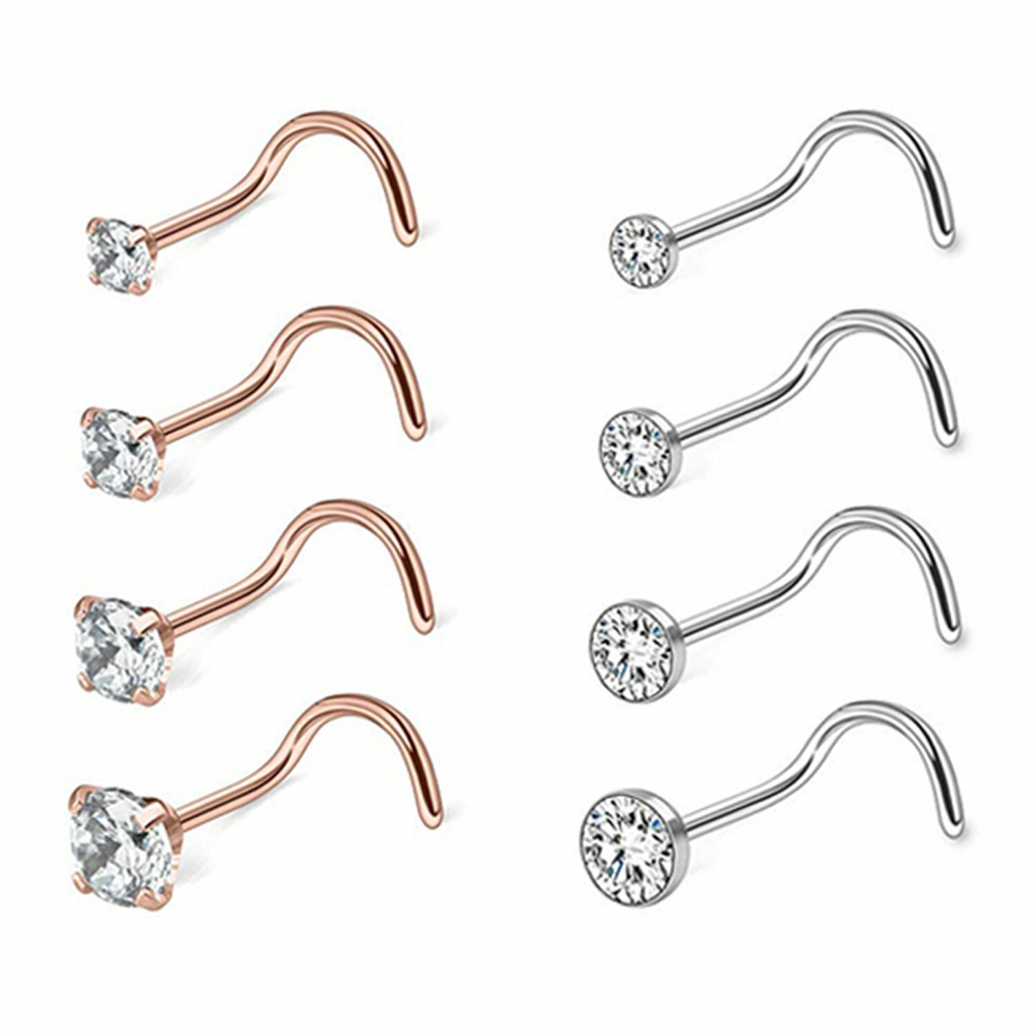 8pcs 18G Surgical Steel Round CZ L-Shaped Nose Screw Studs Rings Body Piercing