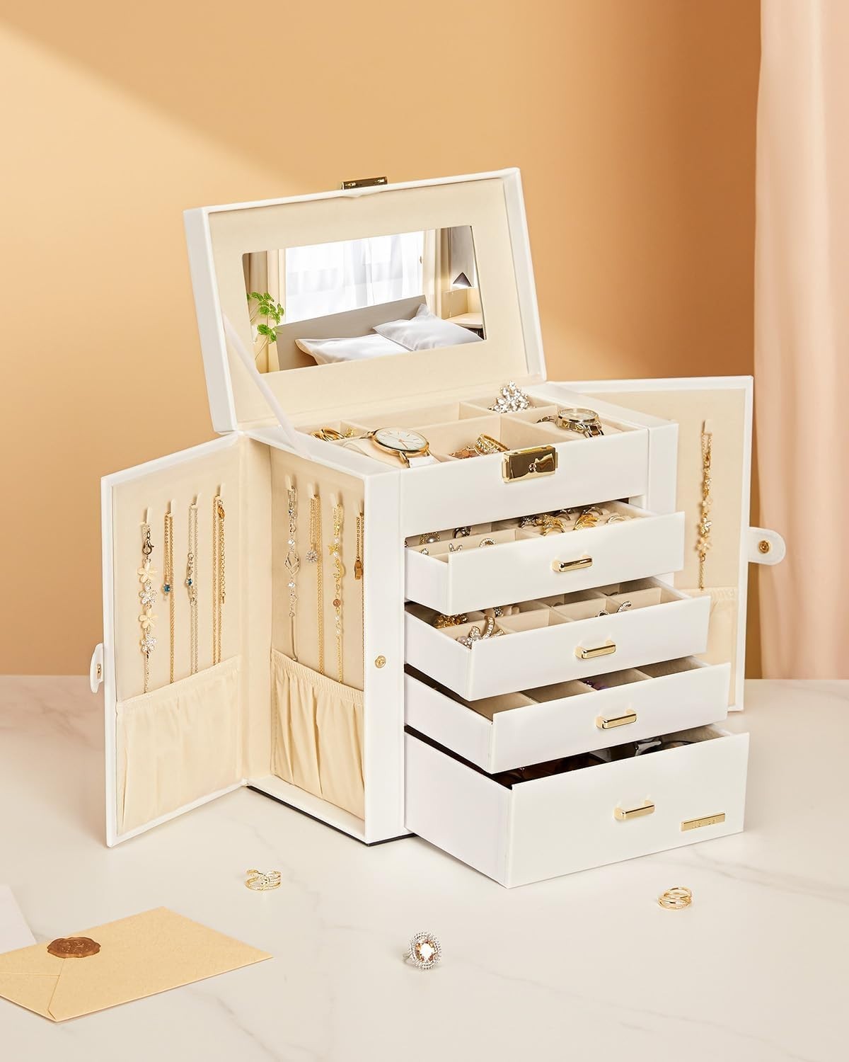 Stylish Jewelry and Watch Organizer – White Faux Leather, Lockable Design