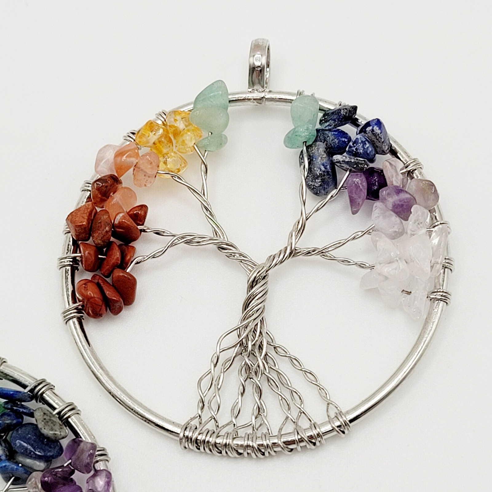 2 Tree of Life Silver Tone Twist Crystal Multi Stone Seven Chakras Round Pendant