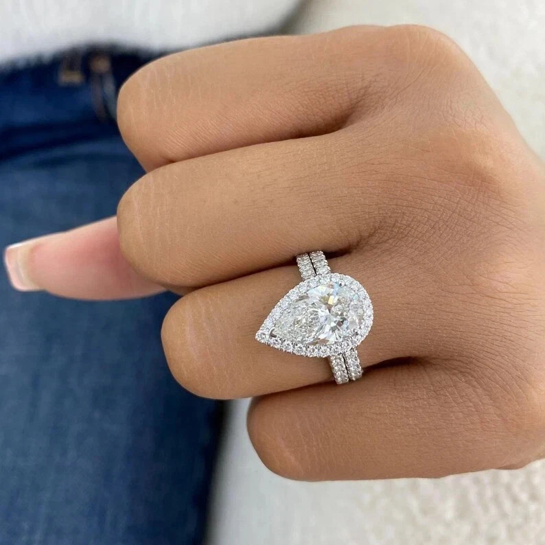 Pear Cut Women 14k White Gold 4.2 Carat Diamond Ring Set Lab Grown IGI VVS E F