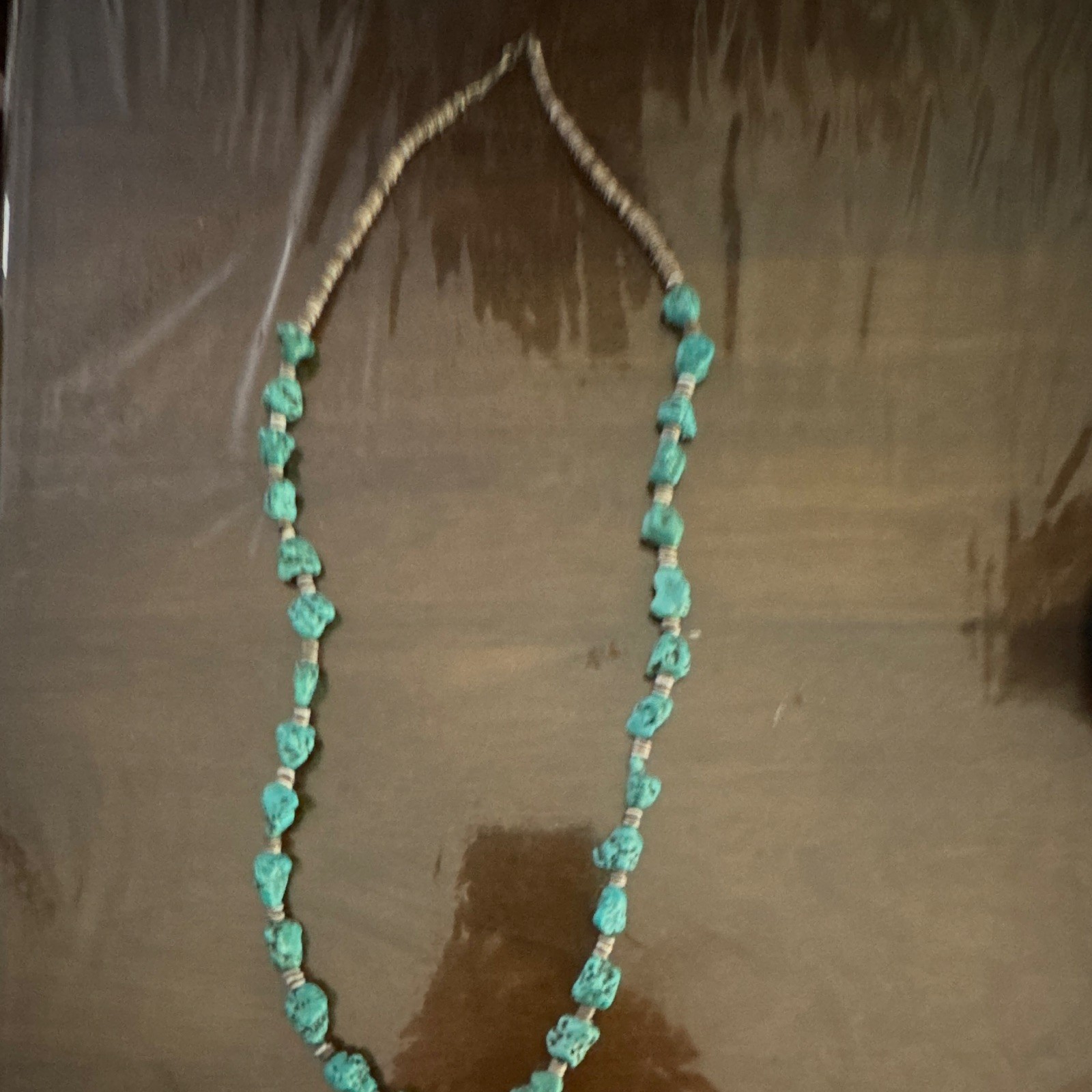 Turquoise Chip Beaded Necklace, Silver Tone Metal Ball/Bead Chain Blue